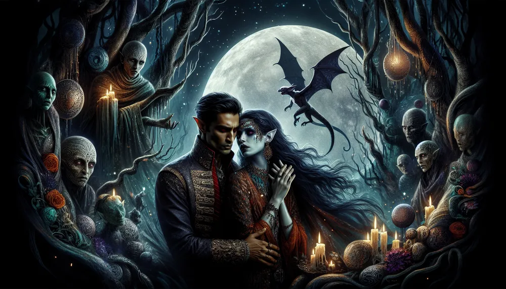 Dark Romance with Mystical Themes, Vampire Characters in an Enigmatic Embrace, Fantasy Setting